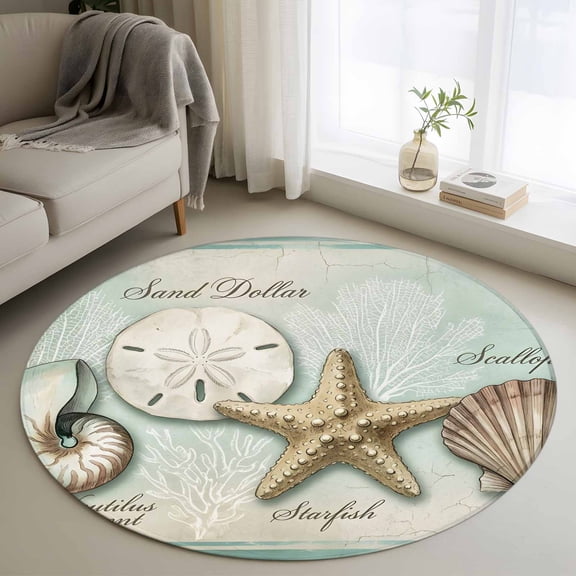 Coastal Ocean 3FT Round Area Rugs Sand Dollar Shells Starfish Teal Green Retro Soft Small Round Rug Non-Slip, Ultra-Thin Indoor Circle Carpet for Bedroom Entryway Kitchen Bathroom