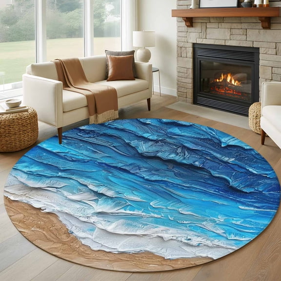 Coastal Ocean 7FT Round Area Rugs for Living Room Beach Dark Blue Waves Gradient Oil Painting Ultra-Thin Non-Slip Round Rugs Machine Washable Low Pile Circle Carpet for Bedroom Kitchen Nursery