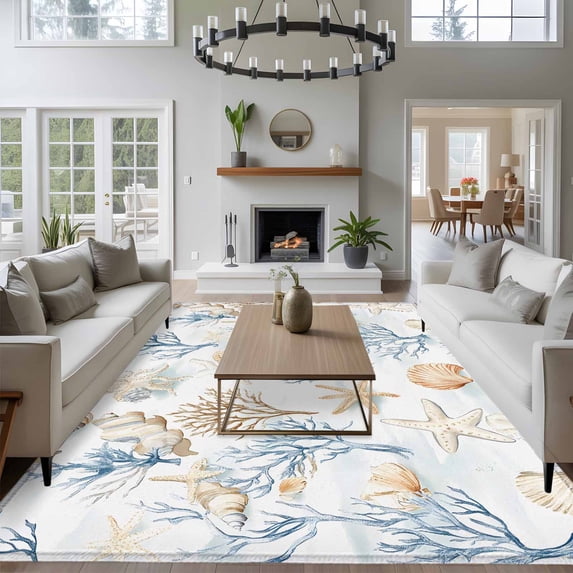 Coastal Ocean 8x10 Area Rug for Living Room Sectional Sofa, Blue Yellow Coral Shell Starfish Marine Life Washable Non Slip Large Rectangle Area Rug