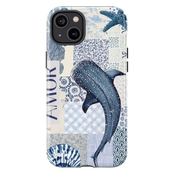 Coastal Ocean Aesthetic Phone Case, Blue Whale Shark & Sea Life Patchwork Design Protective Cover for iPhone 16 15 14 13 12 11 Pro Max Plus Mini