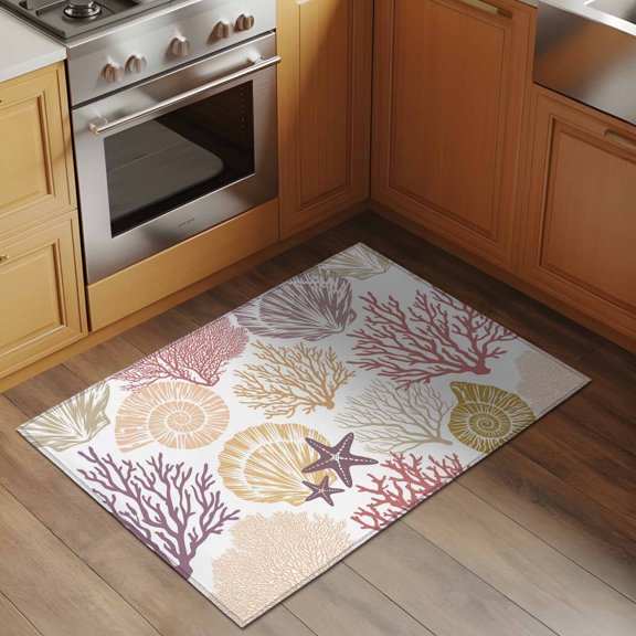 Coastal Ocean Animals 2x3 Rug for Entryway Front Door Kitchen Sink Area, Brown Red Yellow Coral Starfish Seashell Low Pile Washable Non Slip Rectangle Area Rug