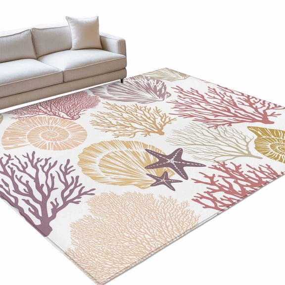 Coastal Ocean Animals 6x9ft Non Slip Area Rug Brown Red Yellow Coral Starfish Seashell Washable&nbsp;Soft Area Rugs for Living Room, Indoor&nbsp;Circle Carpet for Bedroom Dining Room Kitchen