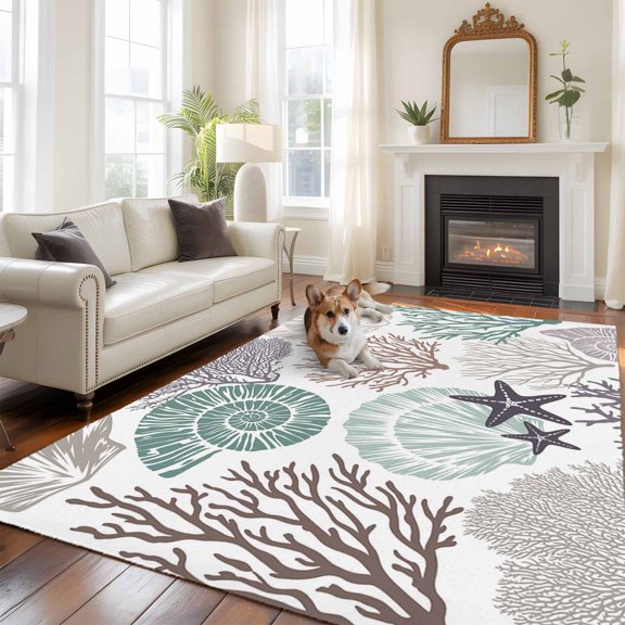 Coastal Ocean Animals Area Rugs 5x7 ft Brown Green Grey Coral Starfish Seashell Washable Rug Non Slip Indoor Carpet Absorbent Floor Mat for Living Room Bedroom Dining Room
