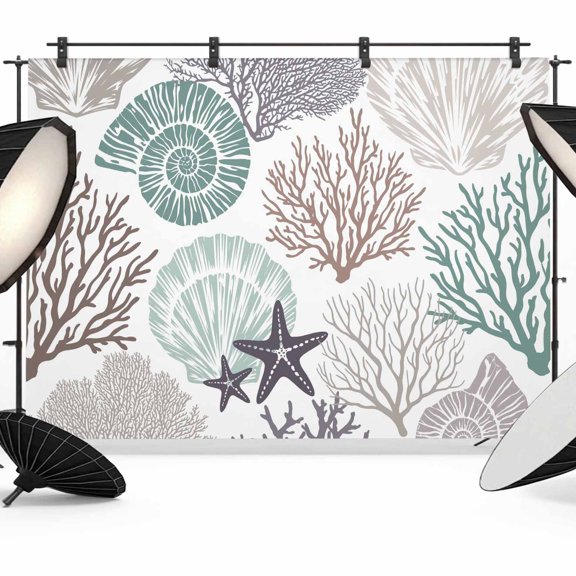 Coastal Ocean Animals Photography Backdrop 7x5FT, Brown Green Grey Coral Starfish Seashell Photo Backdrops, Background for Photography Studio Photo Studio Background, Back Drop for Photoshoot