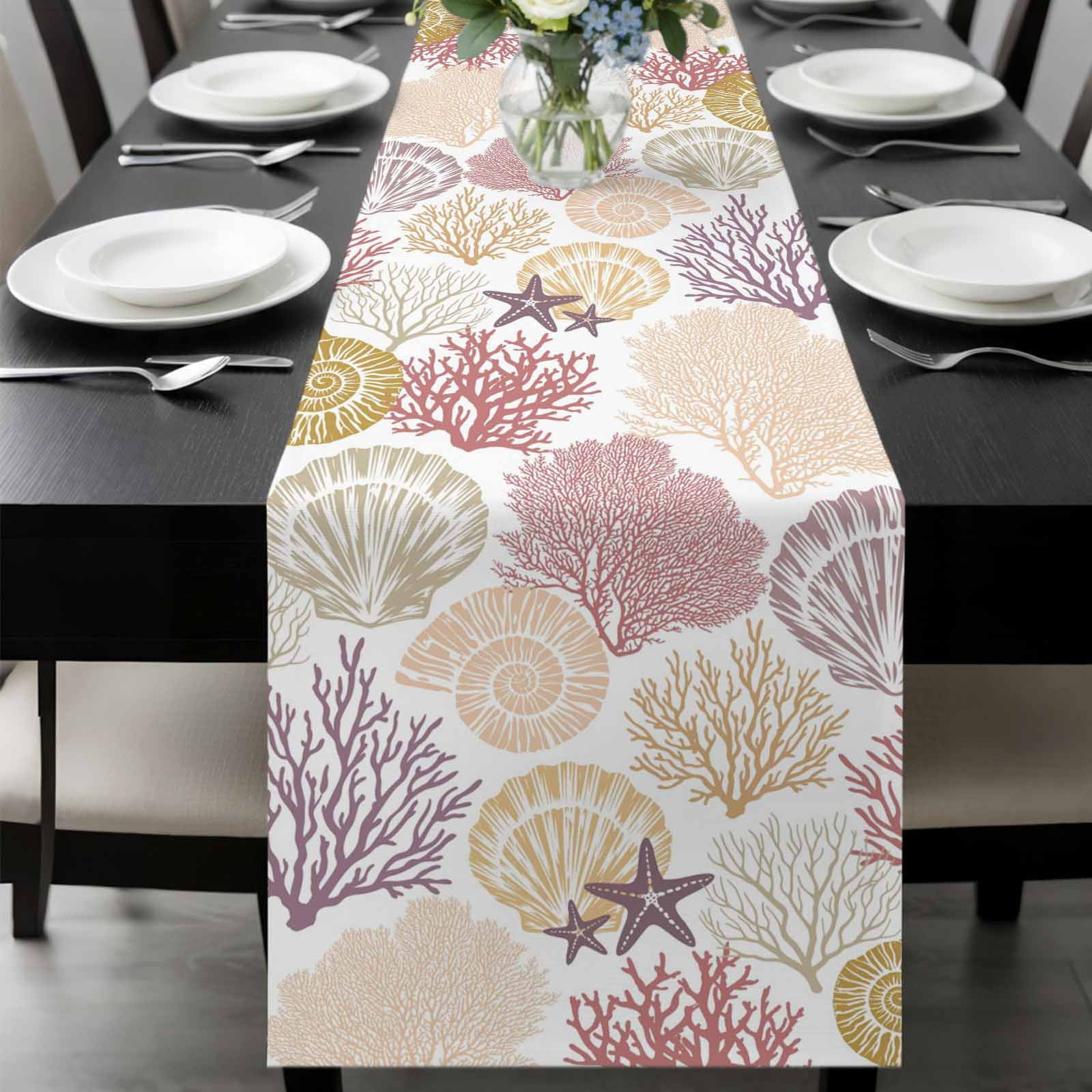 Runner Seashell Coastal Ocean Animals Table Runner, Brown Red Yellow Coral Starfish ...