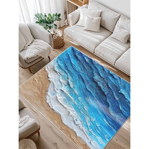 Coastal Ocean Area Rug for Bedroom 4x6 Ft Beach Dark Blue Waves Gradient Oil Painting Super Soft fuzzy Throw Rug Non-Slip Fluffy Plush Indoor Floor Carpet for Living Room Nursery Home Decor