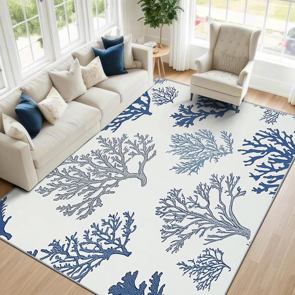 Coastal Ocean Area Rugs, Coral Beach White Carpet, Washable Non Slip Low Pile Soft Rug for Living Room Bedroom Decor Mat 2x3ft