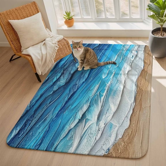 Coastal Ocean Area Rugs for Living Room 5x6, Beach Dark Blue Waves Gradient Oil Painting Washable Area Rug with Non Slip Backing, Stain Resist Carpet for Bedroom, Dining Room, Entryway, Entrance