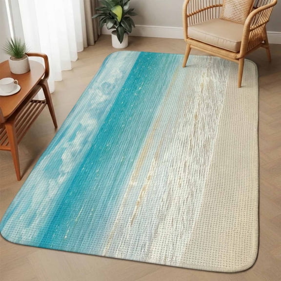 Coastal Ocean Area Rugs for Living Room 5x6, Ocean Waves Beach Sea Shore Washable Area Rug with Non Slip Backing, Stain Resist Linen Carpet for Bedroom, Dining Room, Entryway, Entrance