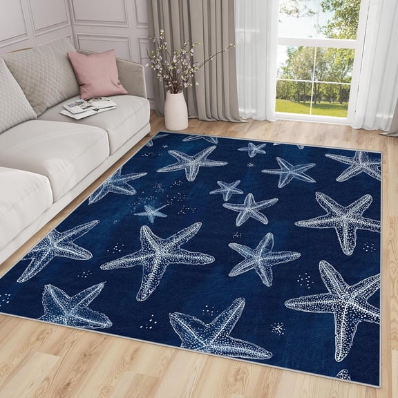 Coastal Ocean Area Rugs, Navy Blue Starfish Pattern Carpet, Washable Non Slip Low Pile Soft Rug for Living Room Bedroom Decor Mat 5x7ft