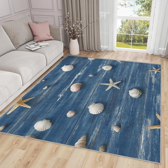 Coastal Ocean Area Rugs, Seashell Starfish Blue Carpet, Washable Non Slip Low Pile Soft Rug for Living Room Bedroom Decor Mat 2x3ft