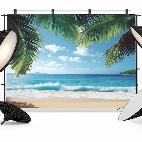 Coastal Ocean Backdrop for Photography,Fabric Photo Background Backdrop,Sandy Beach Coconut Tree Blue Sky Scenery Photo Booth Background for Portrait Photoshoot Video Wedding Decoration Banner 8x6ft
