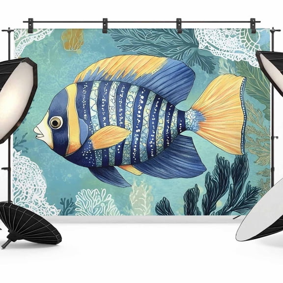 Coastal Ocean Backdrop for Photoshoot,Photography Photo Studio Background Wall Backdrop,Summer Abstract Floral Stripe Ombre Fish Back Drop Banner Panel for Portraits Wedding Live Streaming 7x5Ft