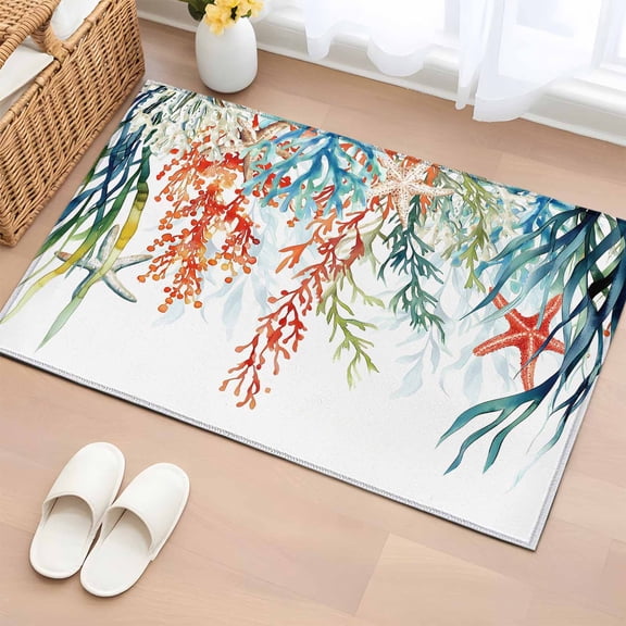 Coastal Ocean Bathroom Mats 2x3 FT, Non Slip Small Kitchen Mat, Summer Beach Coral Starfish Seagrass Washable Soft Backed Front Door Throw Rugs Non-Shedding Indoor Outdoor Doormat for Entryway Sink