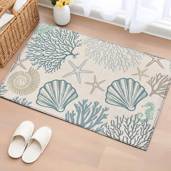 Coastal Ocean Bathroom Rug Washable 2x3 Entryway Rug Non Slip Vintage Coral Starfish Shell Seahorse Front Door Mat Low Pile Indoor Doormat Throw Floor Carpet for Kitchen Bedroom Entrance