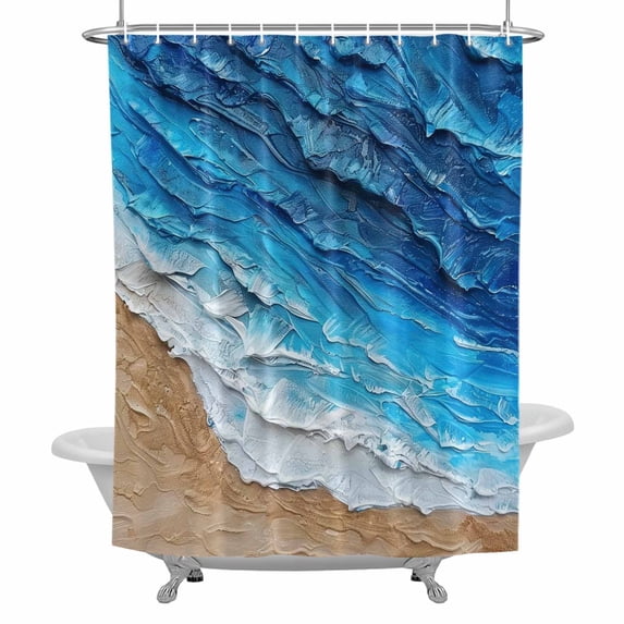 Coastal Ocean Bathroom Shower Curtain, Beach Dark Blue Waves Gradient Oil Painting Waterproof Washable Soft Bath Curtain for Bathtub Decor with 12 Hooks&Grommet, 60x72 Inch