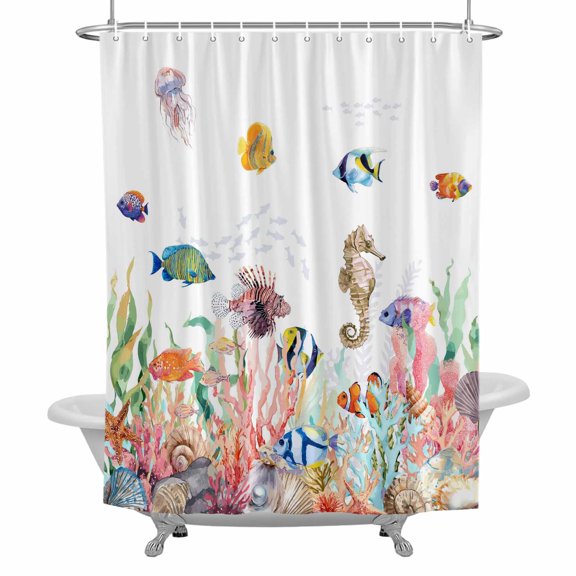 Coastal Ocean Bathroom Shower Curtain, Seahorse Coral Seaweed Seashell Tropical Fish Waterproof Washable Soft Bath Curtain for Bathtub Decor with 12 Hooks&Grommet, 36x72 Inch