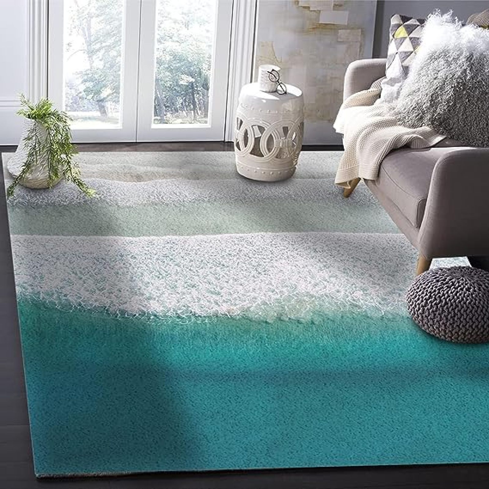 Coastal Ocean Beach Area Rug, Seaside Wave Living Room Rugs, Non Slip Machine Washable Easy Care