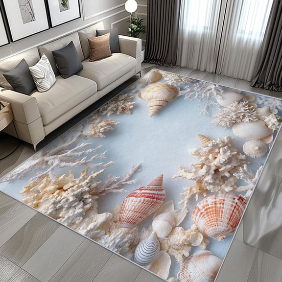 Coastal Ocean Beach Area Rugs, Seashell Coral Carpet, Washable Non Slip Low Pile Soft Rug for Bedroom Living Room Decor Mat 2ftx3ft