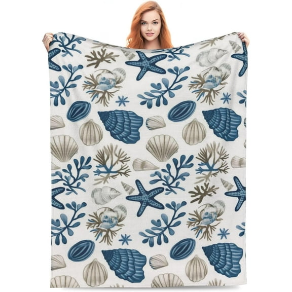 Coastal Ocean Beach Blanket Gifts for Girls Boys Kids Adults Soft Warm Lightweight Cozy Nautical Coral Seashells Throw Blankets for Bed Sofa Living Room Couch Home Decor 50x60