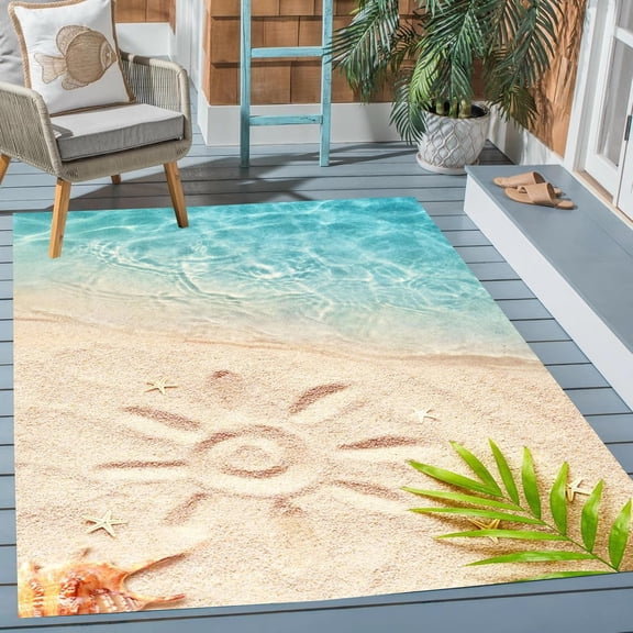 Coastal Ocean Beach Theme Blue Beige Outdoor No-Slip Area Rug 2''x6'' Waterproof Reversible Carpet for Patio Deck Backyard Balcony Livingroom Bedroom Dining Office Rug