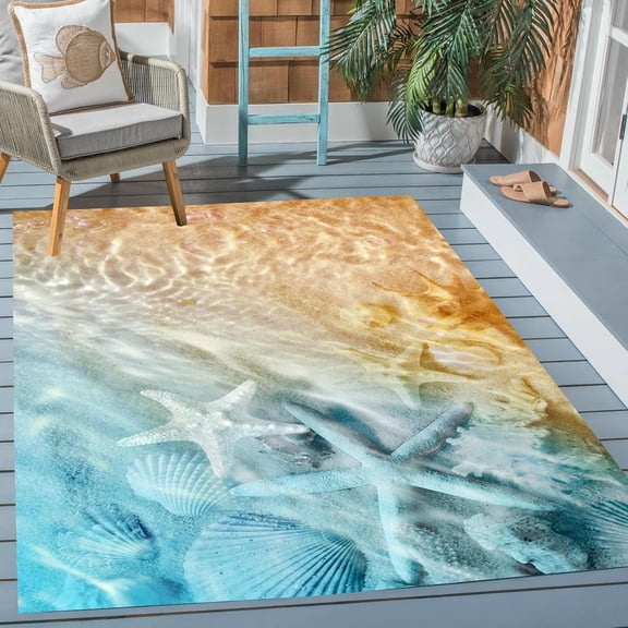 Coastal Ocean Beach Theme Indoor Oudoor Waterproof Area Rug 2''x6'' Star Fish Outdoor Rug for Patio Backyard Deck 3D Illusion Livingroom Bedroom Dining Office Carpet