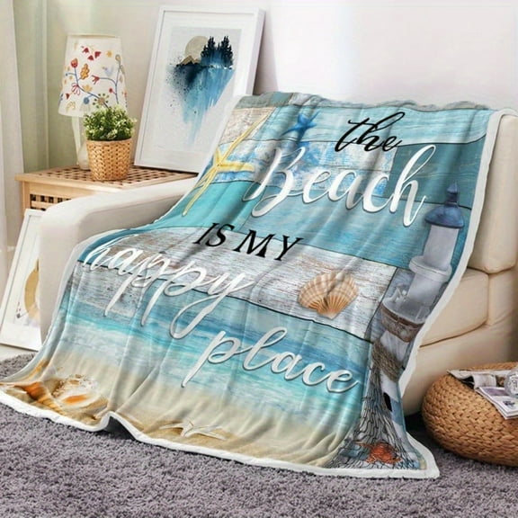 Coastal Ocean Beach Throw Blanket, Summer Blue Seashell Starfish Throw Blanket, Super Warm Cozy Microfiber Flannel Blanket for Couch Chair Sofa Bed Home Outdoor Beach Travel