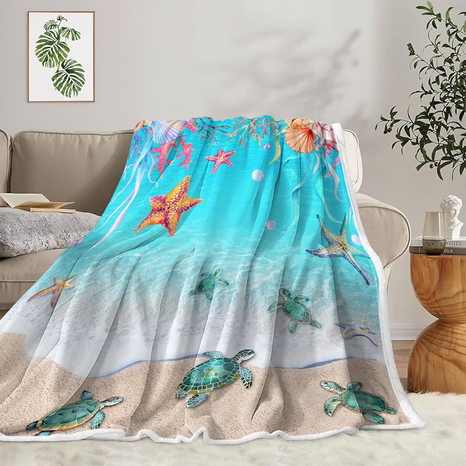 Coastal Ocean Beach Throw Blanket, Summer Blue Seashell Starfish
