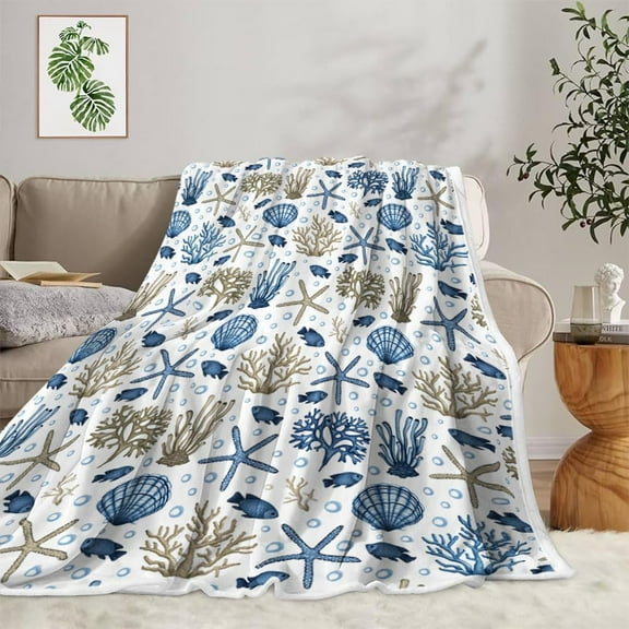 Coastal Ocean Beach Throw Blanket, Summer Blue Seashell Starfish Throw Blanket, Super Warm Cozy Microfiber Flannel Blanket for Couch Chair Sofa Bed Home Outdoor Beach Travel