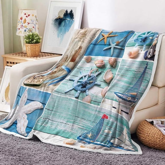 Coastal Ocean Beach Throw Blanket, Summer Blue Seashell Starfish Throw Blanket, Super Warm Cozy Microfiber Flannel Blanket for Couch Chair Sofa Bed Home Outdoor Beach Travel