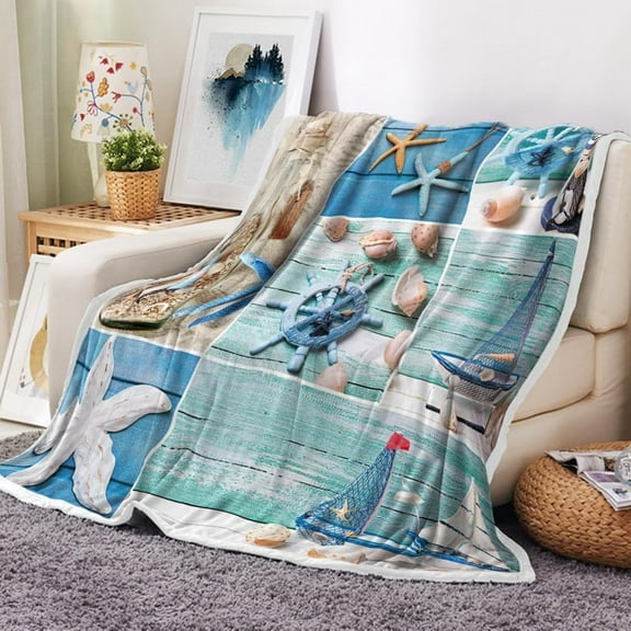 Coastal Ocean Beach Throw Blanket, Summer Blue Seashell Starfish Throw Blanket, Super Warm Cozy Microfiber Flannel Blanket for Couch Chair Sofa Bed Home Outdoor Beach Travel