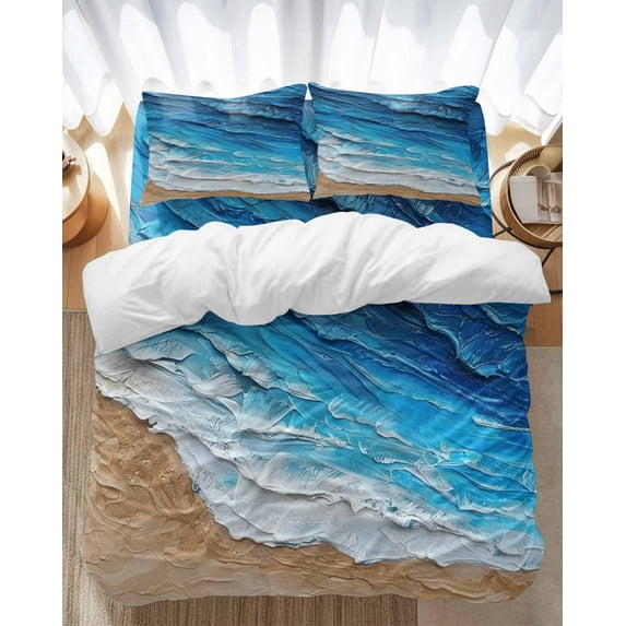 Coastal Ocean Bedding Duvet Cover Set King Size 4 Pieces Beach Dark Blue Waves Gradient Oil Painting Bedding Set with Zipper Closure, 1 Comforter Cover 92x106 Inches 1 Flat Sheet & 2 Pillow Cases