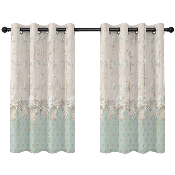 Coastal Ocean Blackout Curtains 45 Inches Long, Sea Shell Coastal Beach Mint Green Sandy Tan Wood Grain Thermal Insulated Room Darkening Drapes with Grommets for Living Room 42"W x 45"L, 2 Panels