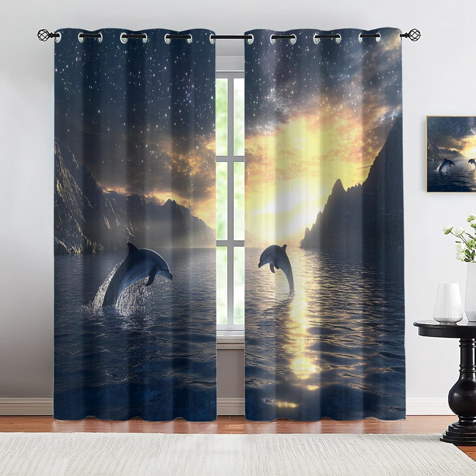 Coastal Ocean Blackout Curtains, Cute Dolphins Curtains, Sunrise Ocean ...