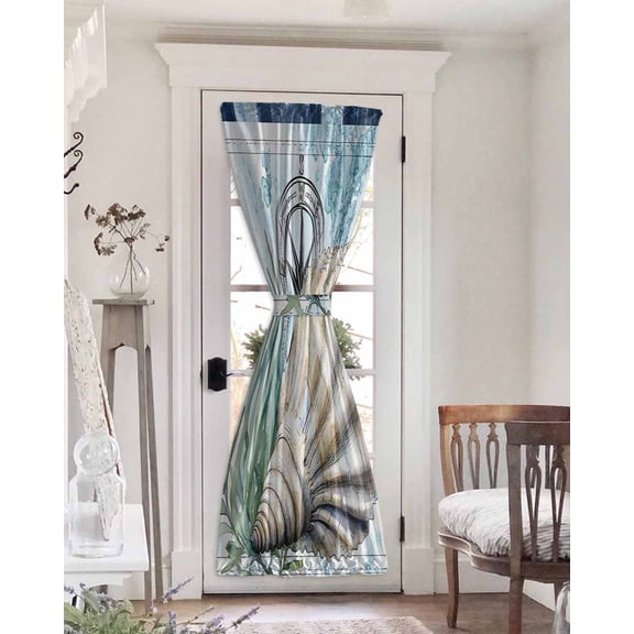 Coastal Ocean Blackout Curtains French Door Curtains for Door Window, Summer Nautical Compass Shell Seaweed Privacy Drapery for Patio/Sidelight Doors, 1 Panel with Tieback, 25 x 72 Inches
