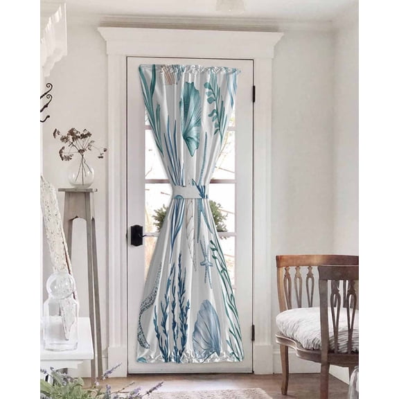 Coastal Ocean Blackout Curtains French Door Curtains for Door Window, Summer Watercolor Seaweed Starfish Shell Privacy Drapery for Patio/Sidelight Doors, 1 Panel with Tieback, 25 x 72 Inches