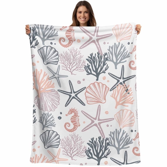 Coastal Ocean Blanket Soft Cozy Warm Throw Blanket for Couch, Plush Fuzzy Flannel Fleece Blankets for Sofa, Green Pink Coral Starfish Seahorse Shell Bed Blankets Lightweight Gifts for Women, 50"x80"
