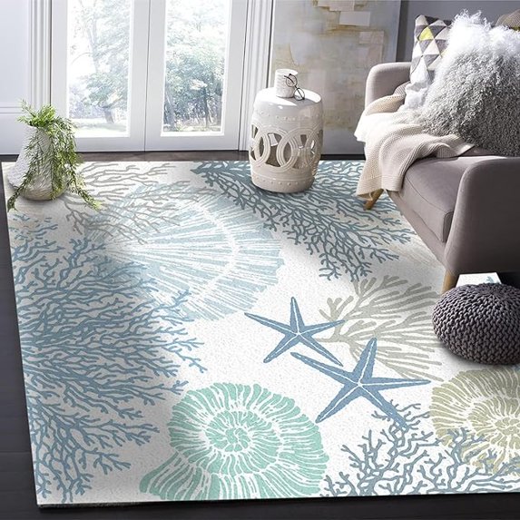 Coastal Ocean Blue Coral Area Rugs, Blue Scallop Starfish Creature Indoor Non-Slip Kids Rugs, Machine Washable Breathable Durable Carpet For Front Entrance