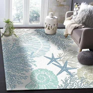 Coastal Ocean Blue Coral Area Rugs, Blue Scallop Starfish Creature Indoor Non-Slip Kids Rugs, Machine Washable Breathable Durable Carpet For Front Entrance