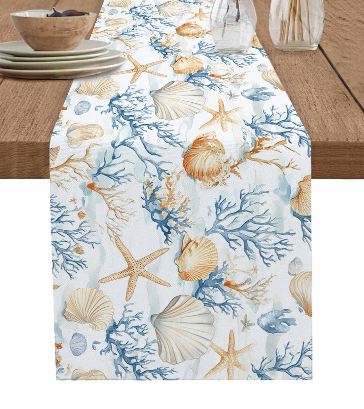 Shell Table Clothes Coastal Ocean Burlap Cotton Table Runner 13x120 Inches Long, Blue Coral ...
