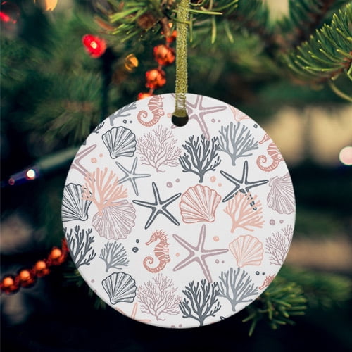 Coastal Ocean Ceramic Ornaments, Green Pink Coral Starfish Seahorse Shell Round Porcelain Hanging Ornaments with Gold String, Xmas Decorations Keepsake Gifts for Holiday Home Party 3''