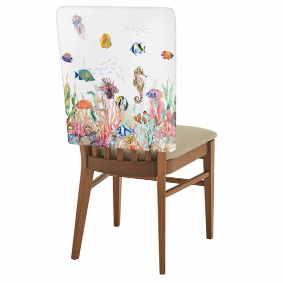 Coastal Ocean Chair Covers Set of 8 Seahorse Coral Seaweed Seashell Tropical Fish Chair Back Covers Stretch Removable Washable Slipcovers Protector for Dining Room Kitchen Party Decor