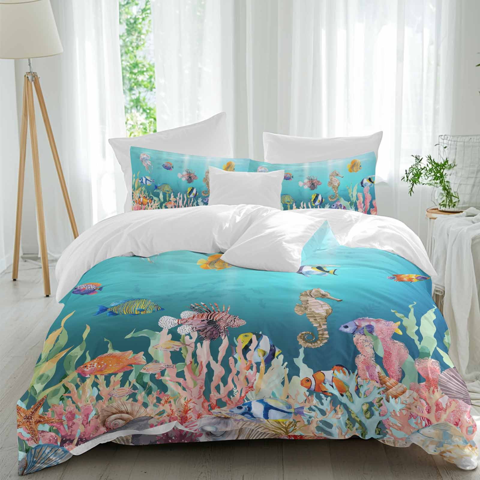 Sea Shell Comforters Coastal Ocean Comforter Set Queen Size, Seahorse Coral Seaweed Seashell ...