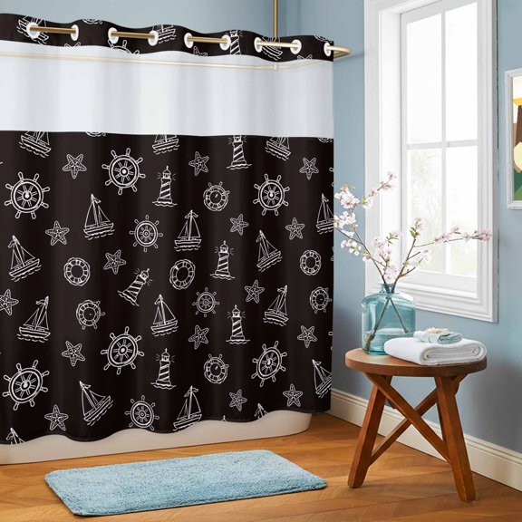 Coastal Ocean Compass Sailboat No Hook Shower Curtain with See Through Top Window,Nautical Theme Lighthouse Waterproof Shower Curtains for Home Hotel Bathroom Decor,72x72in