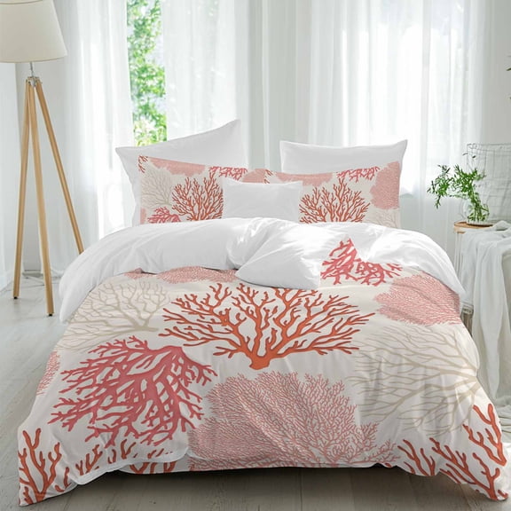 Coastal Ocean Coral Full Size Comforter Set, Red Pink Theme Pattern Bedding for All Seasons, 4 Pcs Bed Set, 1Quiltcover (86"x86") ,1Sheet(80"x116"), 2Pillowcases (30"x20")