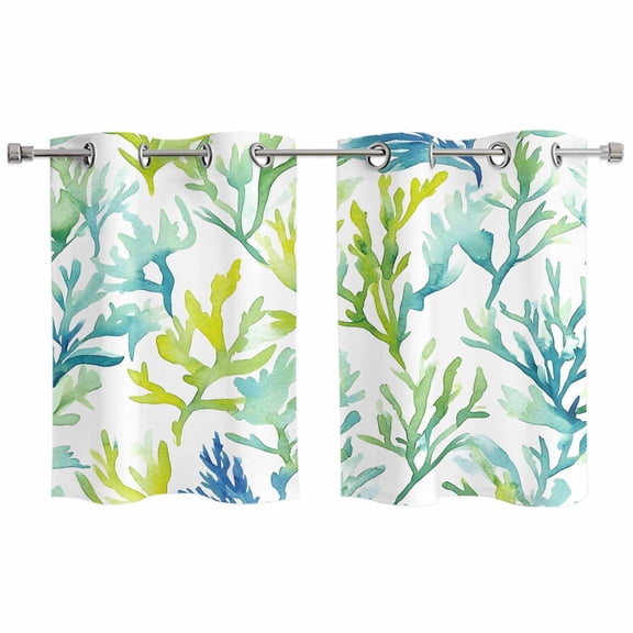 Coastal Ocean Coral Kitchen Curtains Small Short 39 Inch Length, Green Blue Turquoise Aqua Summer Grommet Top Bedroom Living Room Curtains, Light Filtering Cafe Curtain Drapes 2 Panels Set 55''x39''