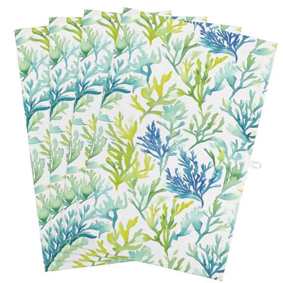 Coastal Ocean Coral Kitchen Towels, Absorbent Microfiber Kitchen Dish Hand Tea Bath Towel, Green Blue Turquoise Aqua Summer Quick Dry Cleaning Cloth Dishclothes Decorative Sets, (4-PC, 18x28)
