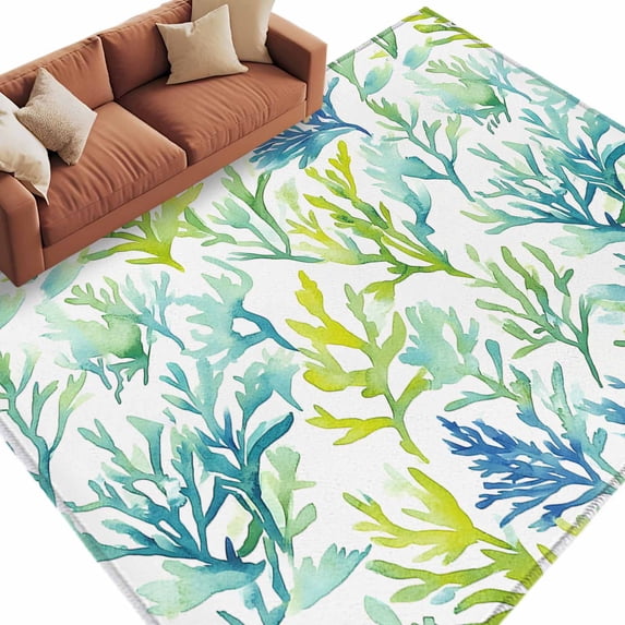 Coastal Ocean Coral Large Area Rugs for Bedroom Living Room, Soft Non Slip Carpet Bedside Rug, Green Blue Turquoise Aqua Summer Rectangular Floor Cover Kitchen Accent Rug 6'x9' for Dining Room/Office