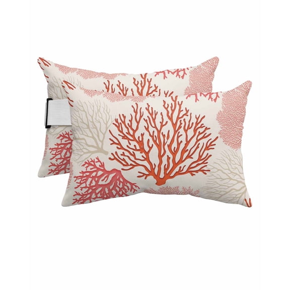 Coastal Ocean Coral Outdoor Head Resting Pillows with Insert Red Pink Theme Pattern 2 Pack Waterproof Lumbar Pillows with Adjustable Elastic Strap for Patio Recliner Chaise Beach Chair, 12"x20"