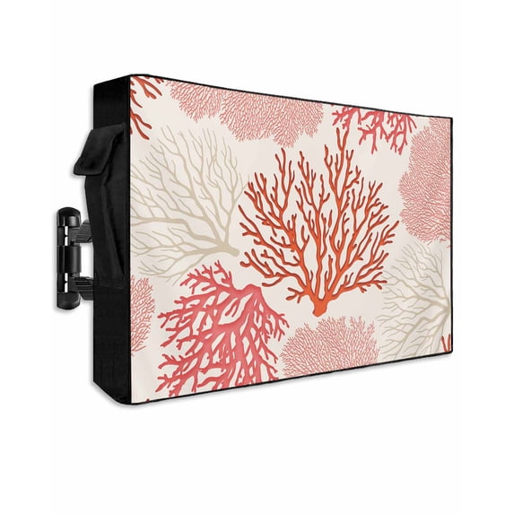 Coastal Ocean Coral Outdoor TV Cover 70 to 75 inch Red Pink Theme Pattern Waterproof Dustproof TV Covers for Outside with Zipper Remote Control Pocket Flat Screen Protectors
